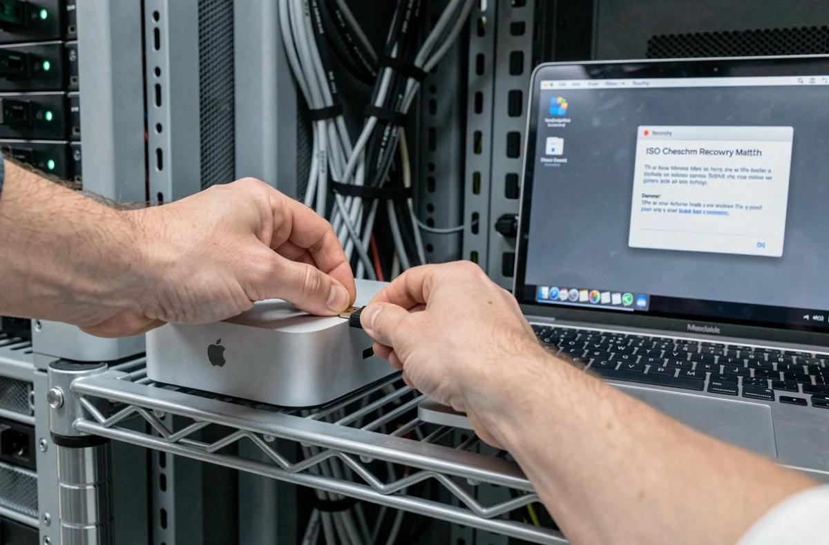 Technicien informatique insérant une clé USB dans un Mac mini avec un avertissement d'erreur ISO macOS visible