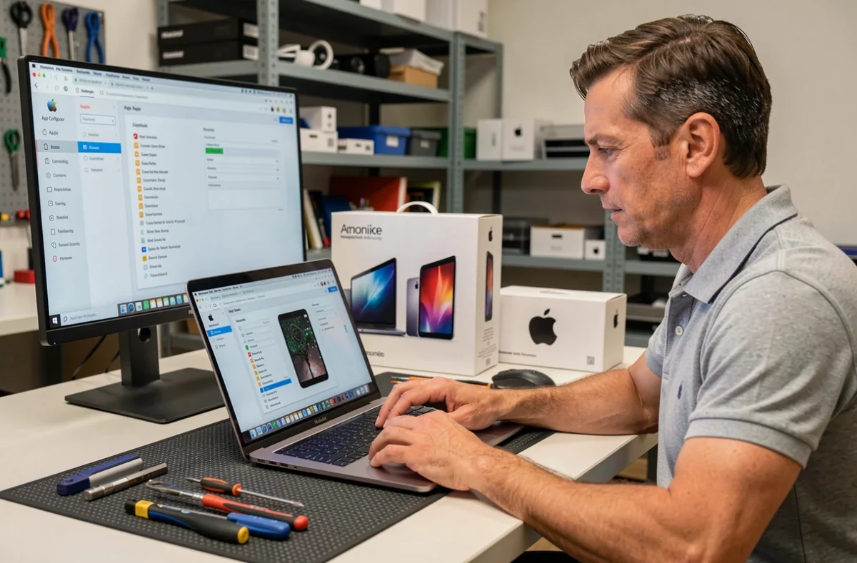 Technicien Apple Technofix Lille effectuant un diagnostic matériel sur un MacBook Pro avec interface professionnelle