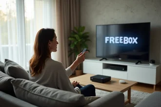 Femme frustrée essayant de faire fonctionner sa télécommande Free pointée vers une Freebox dans un salon moderne