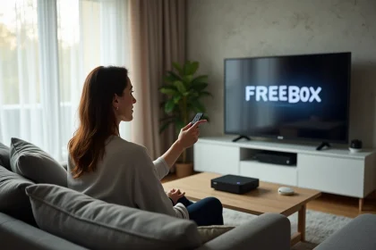 Femme frustrée essayant de faire fonctionner sa télécommande Free pointée vers une Freebox dans un salon moderne