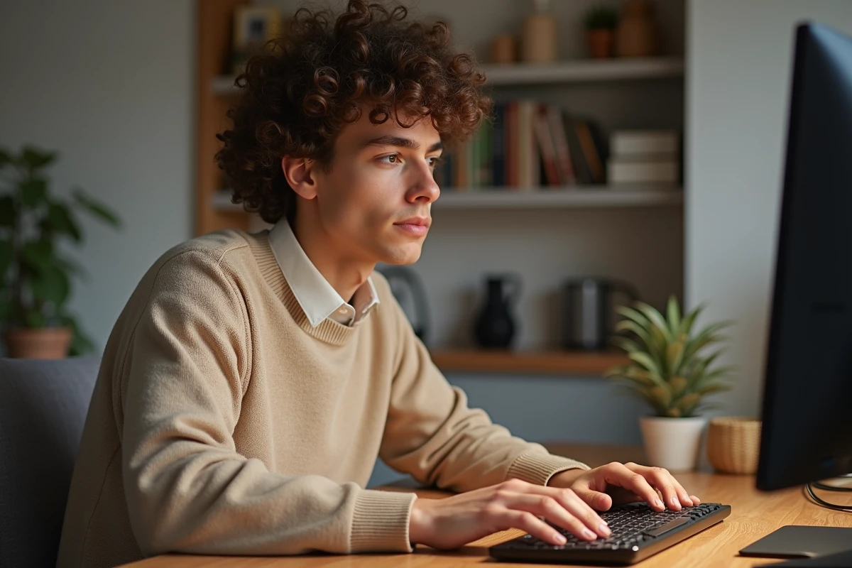 Jeune professionnel en télétravail hésitant à cliquer sur un lien de phishing dans son webmail depuis un bureau à domicile
