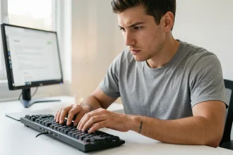Jeune homme concentré testant sa vitesse de frappe sur un clavier mécanique dans un bureau minimaliste