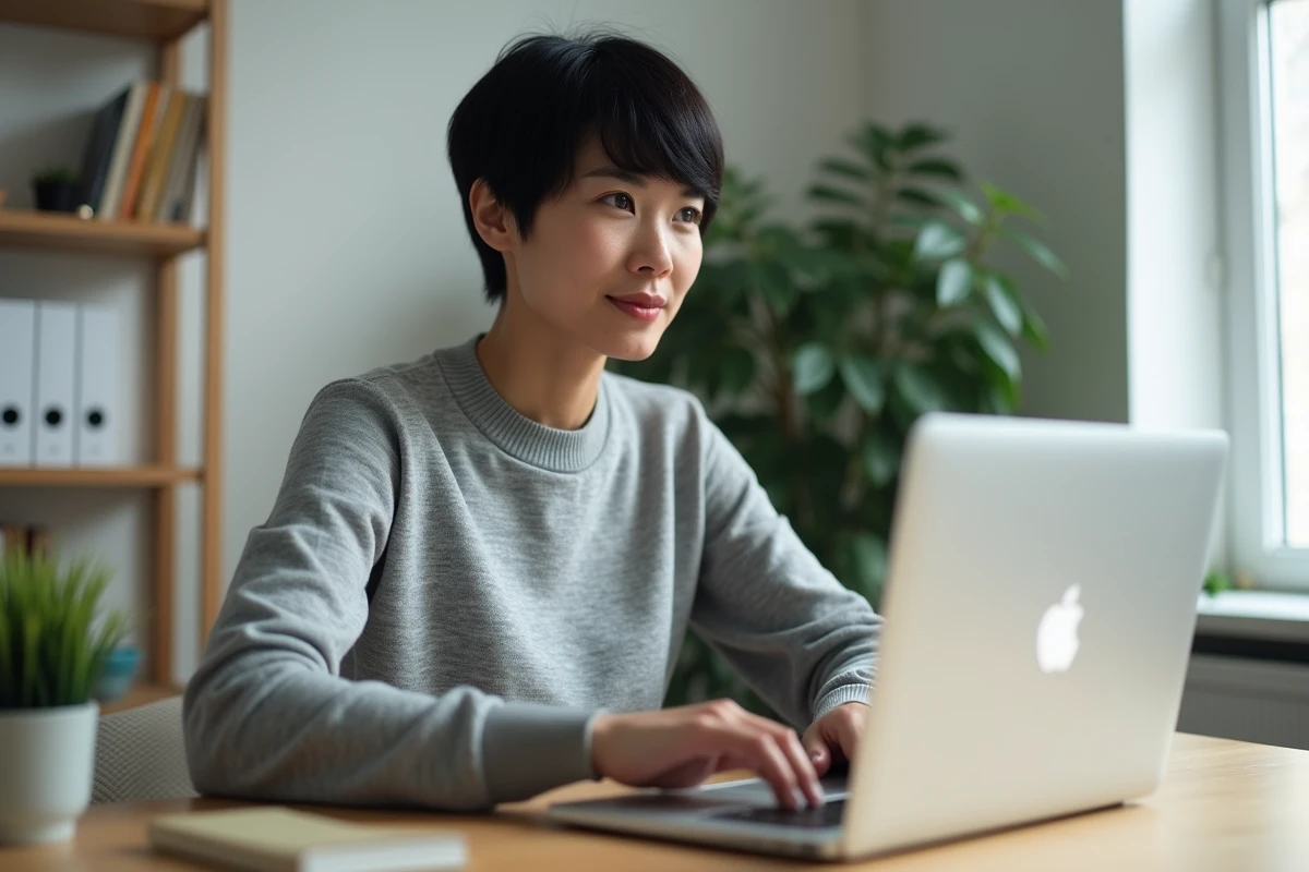 Femme utilisant la touche Shift sur un clavier MacBook Pro dans un bureau minimaliste