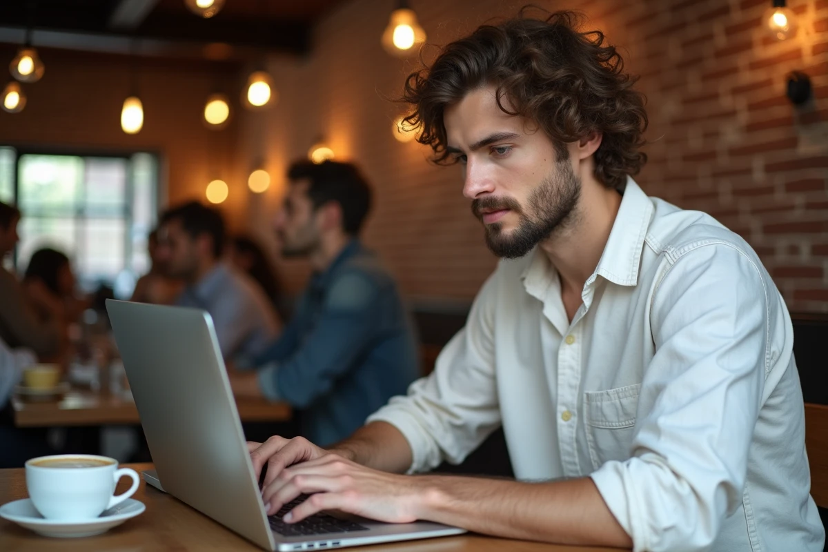 Jeune homme tapant sur un MacBook Air dans un café avec un ordinateur Windows fermé posé à côté