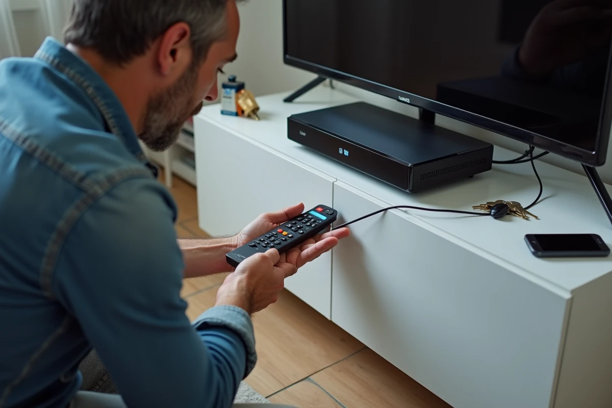 Homme vérifiant les piles de sa télécommande Free avec le compartiment ouvert et une Freebox allumée en arrière-plan