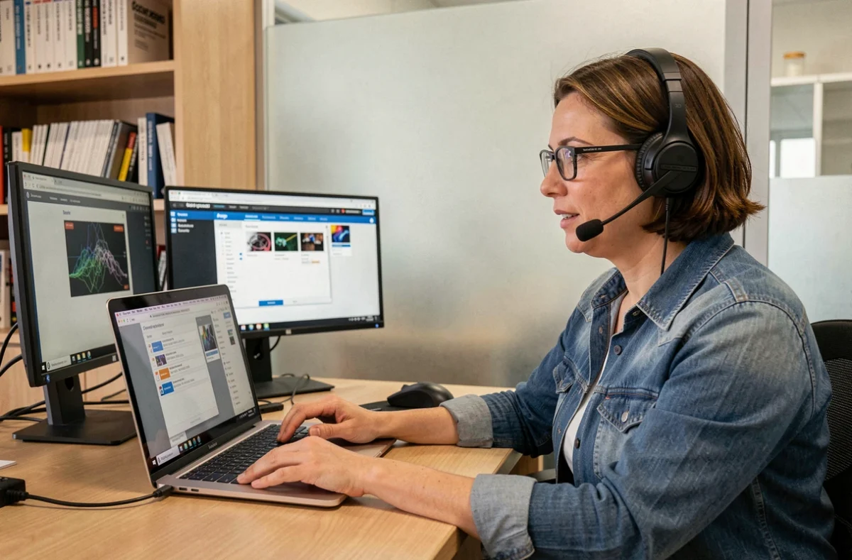 Technicienne d'Ynot Computer Lille assistant un client Mac par support à distance depuis son bureau informatique
